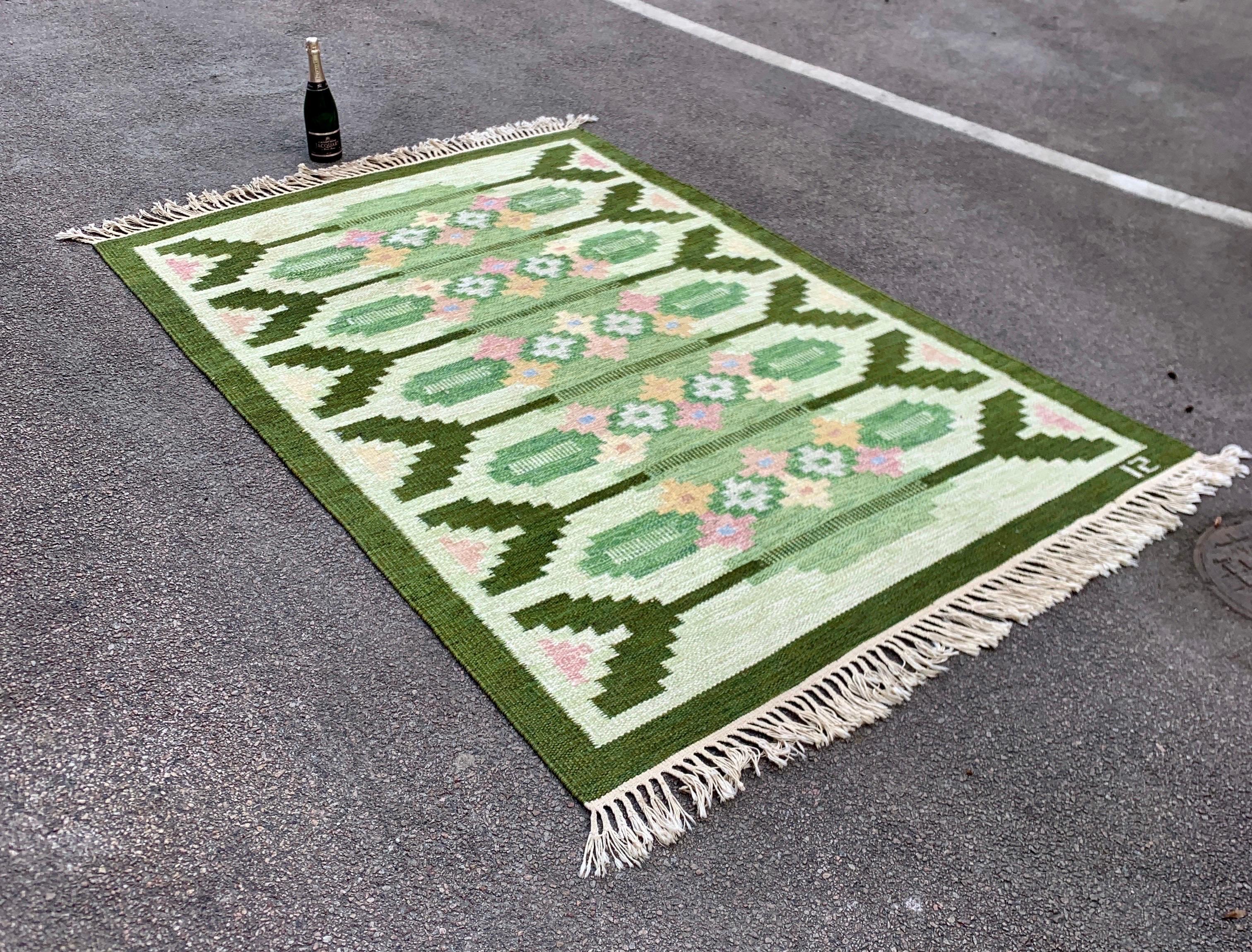 Hand-Crafted Swedish Mid-Century Rölakan Signed Handwoven Wool Carpet For Sale