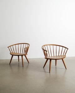 Swedish Mid Century Sculptural Yngve Ekström "Arka" Easy Armchairs in Oak, 1950s