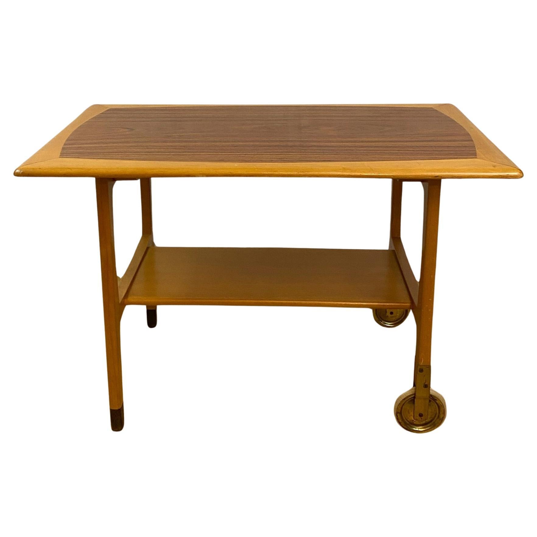 Swedish mid-century serving table, made from beech, walnut and brass, 1950s For Sale