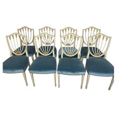 Swedish Mid Century Set of Eight Ivory Shield Back Chairs in Blue Velvet