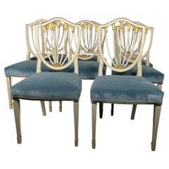 Swedish Mid Century Set of Eight Ivory Shield Back Chairs in Blue Velvet