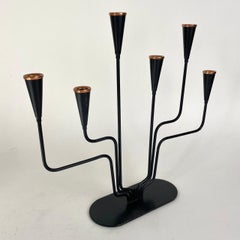 Swedish Mid-Century Six Arm Candlabra, Black-Lacquered Iron, Brass Detail, 1950s
