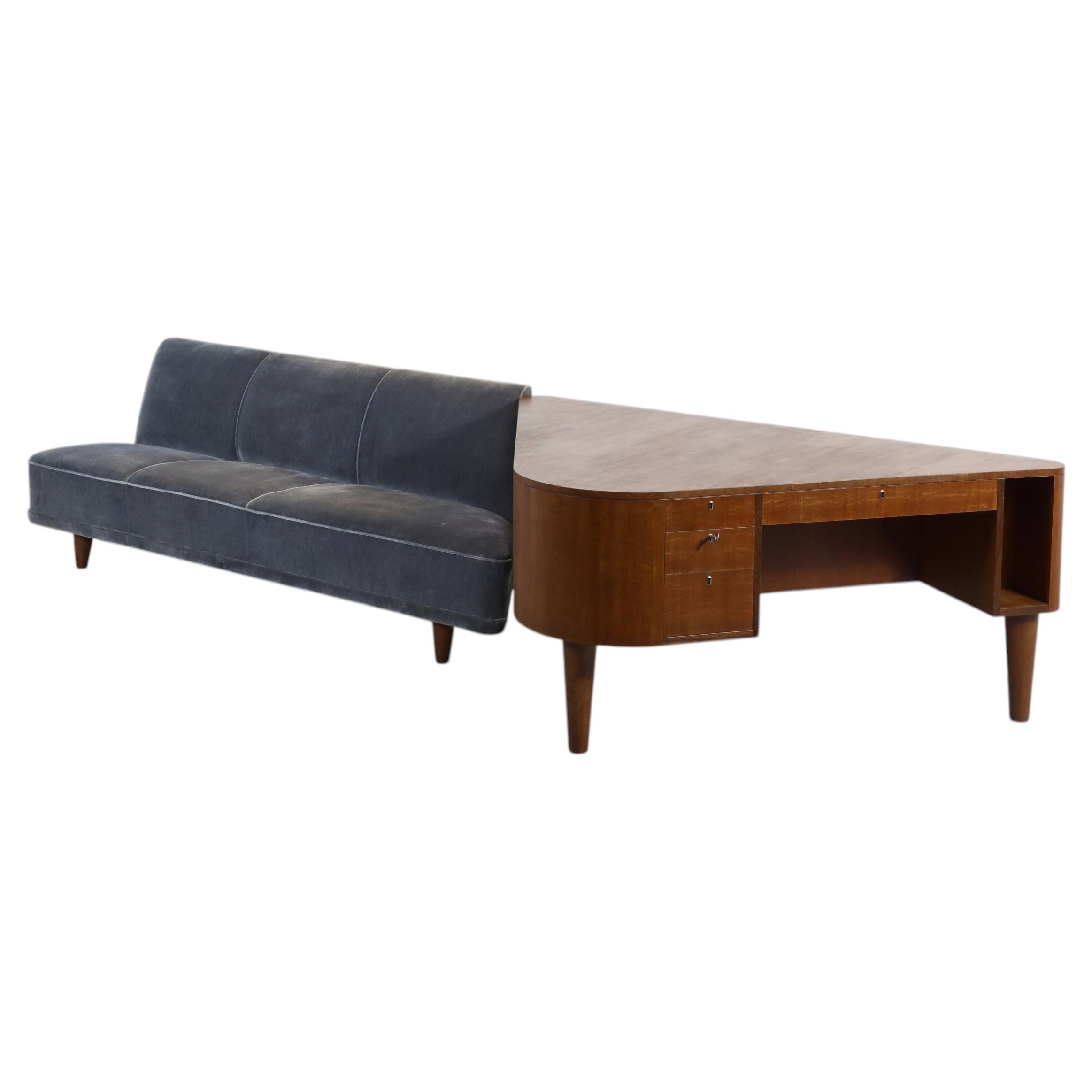 Swedish Mid-Century Sofa and Triangular Teak Desk Set For Sale