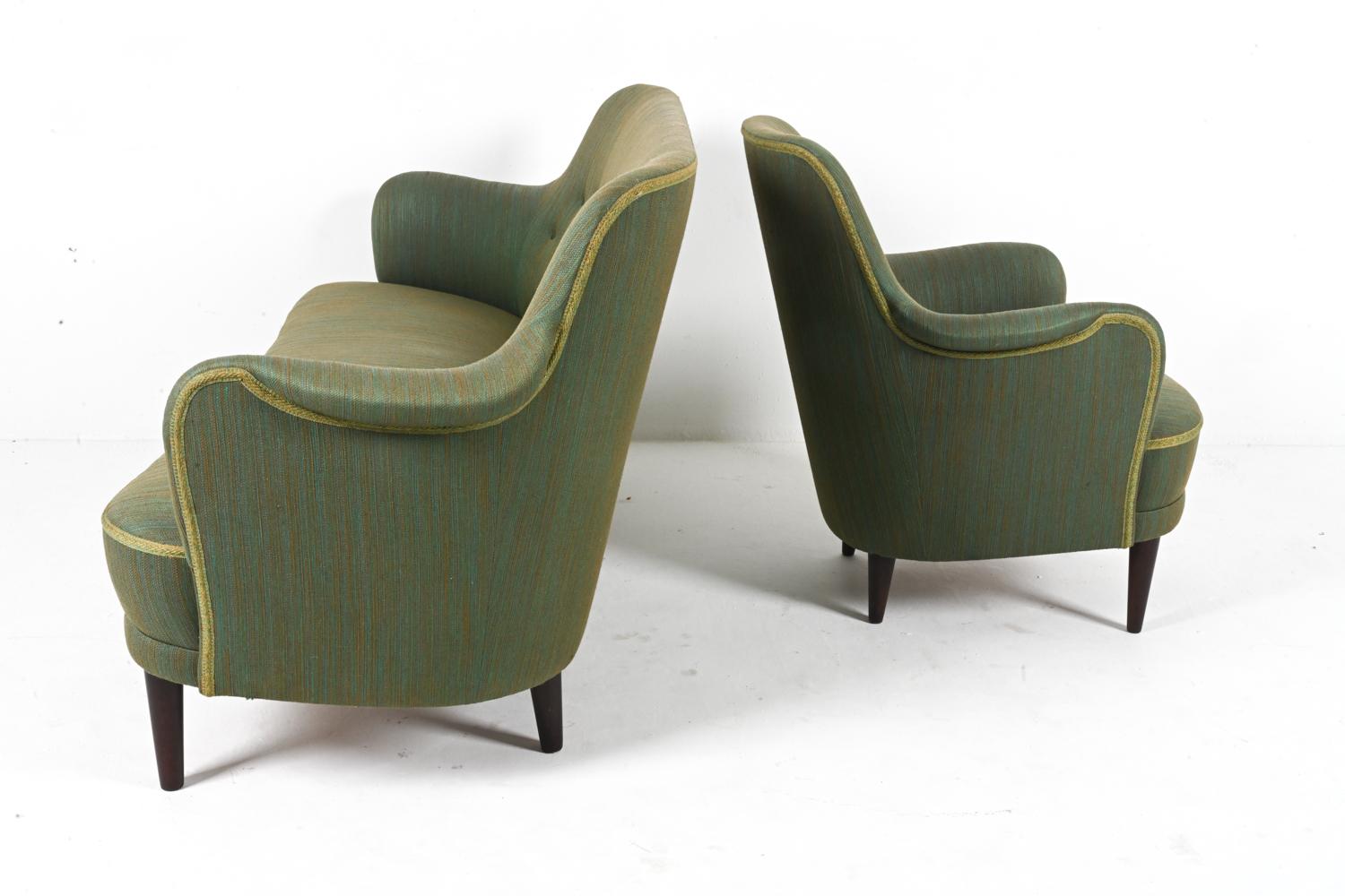 Swedish Mid-Century Sofa & Armchair Suite by Carl Malmsten in Beech & Twill For Sale 4