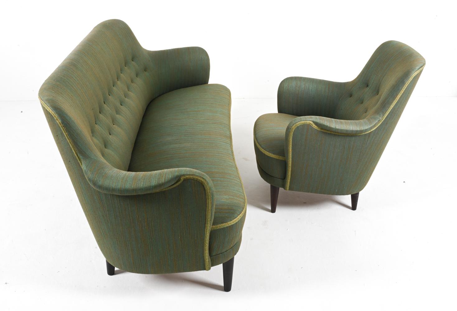 Swedish Mid-Century Sofa & Armchair Suite by Carl Malmsten in Beech & Twill For Sale 10