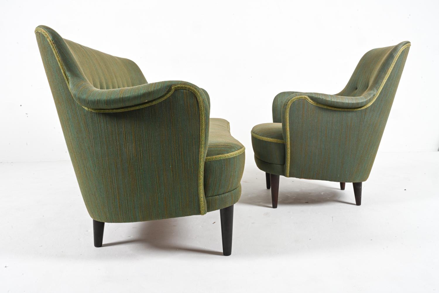 Swedish Mid-Century Sofa & Armchair Suite by Carl Malmsten in Beech & Twill For Sale 11
