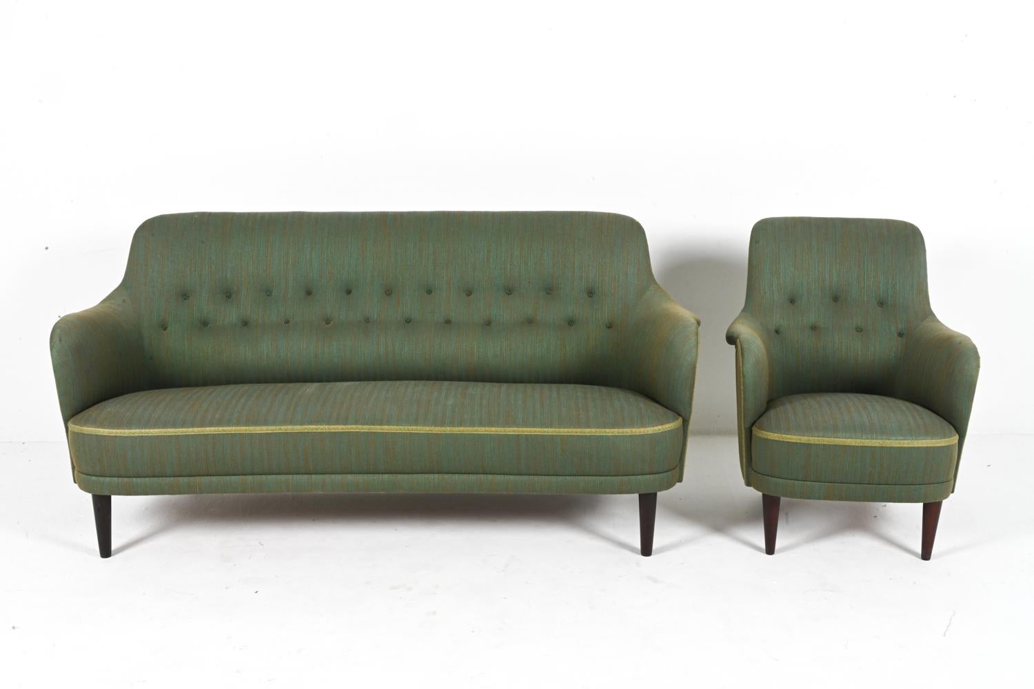 Mid-Century Modern Swedish Mid-Century Sofa & Armchair Suite by Carl Malmsten in Beech & Twill For Sale