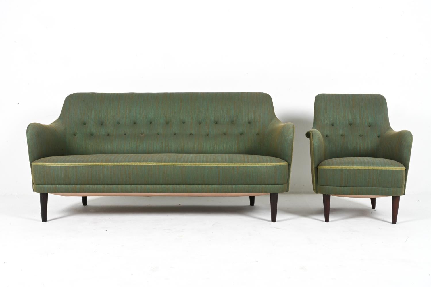 Swedish Mid-Century Sofa & Armchair Suite by Carl Malmsten in Beech & Twill In Good Condition For Sale In Norwalk, CT