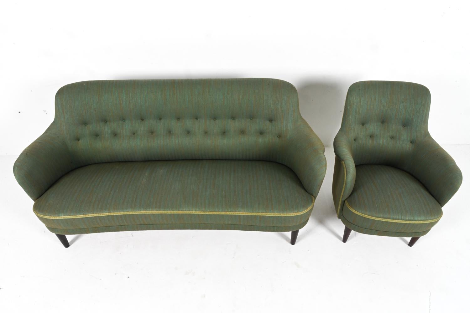 20th Century Swedish Mid-Century Sofa & Armchair Suite by Carl Malmsten in Beech & Twill For Sale