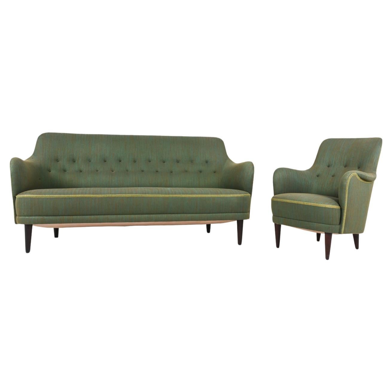 Swedish Mid-Century Sofa & Armchair Suite by Carl Malmsten in Beech & Twill For Sale