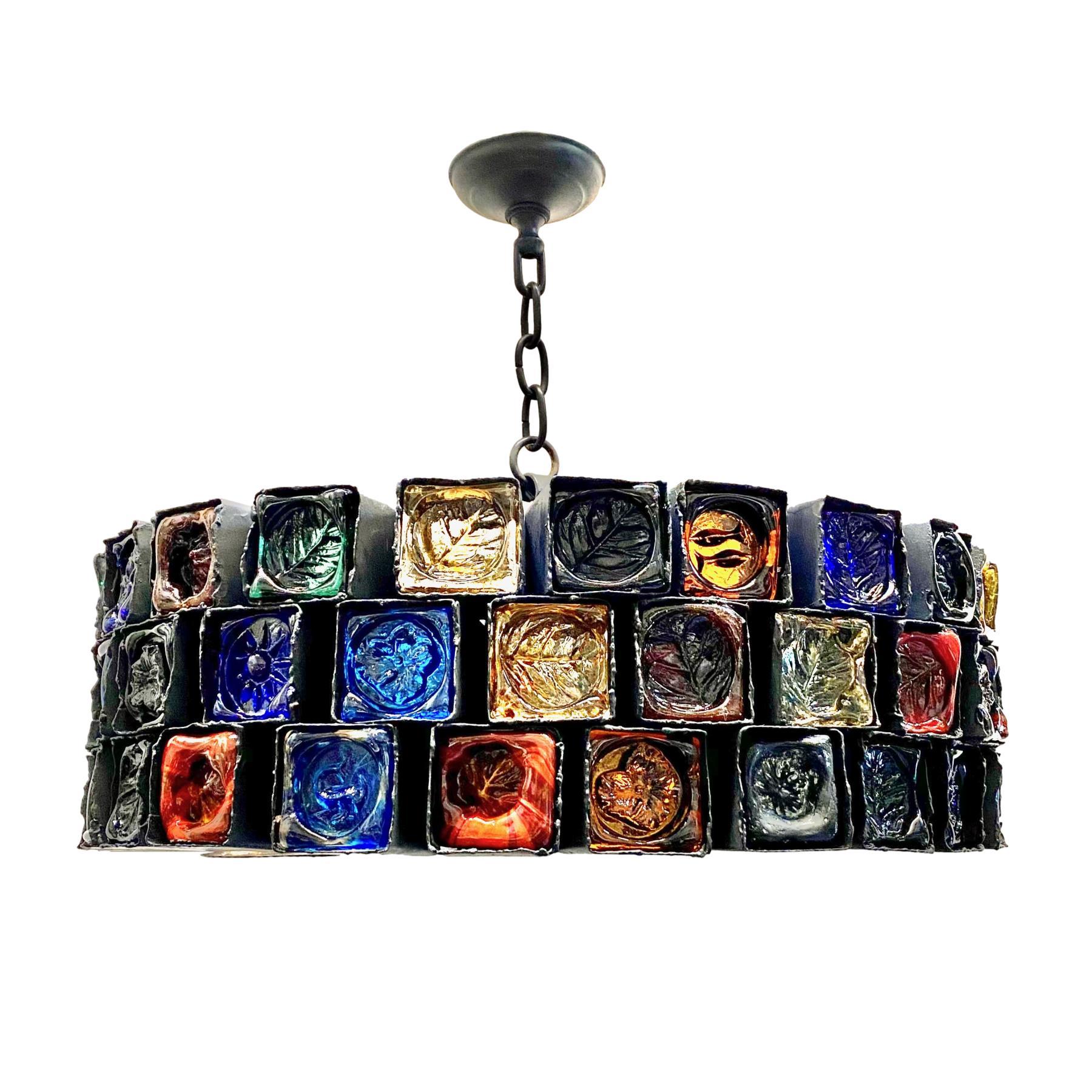 Mid-20th Century Swedish Mid Century Stamped Glass Light Fixture For Sale