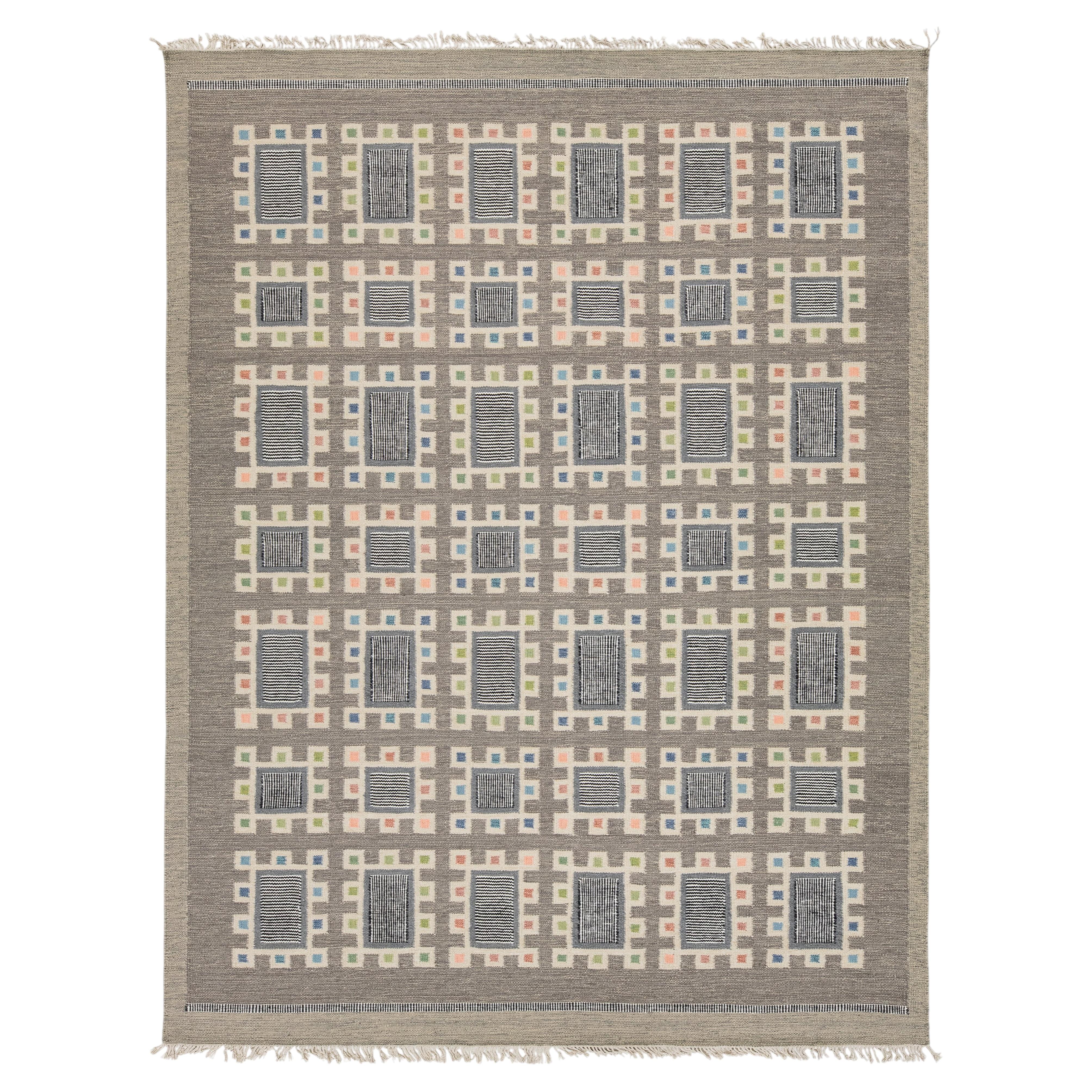 Swedish Mid-Century Style Flatweave Wool Area Rug with Geometric Tile Motifs For Sale
