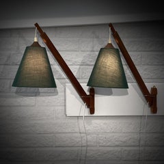 Swedish mid-century telescope wall lamps, teak and brass, 1950s