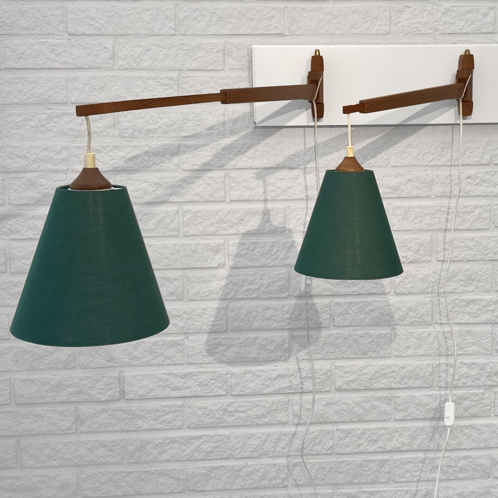 Brass Swedish mid-century telescope wall lamps, teak and brass, 1950s For Sale