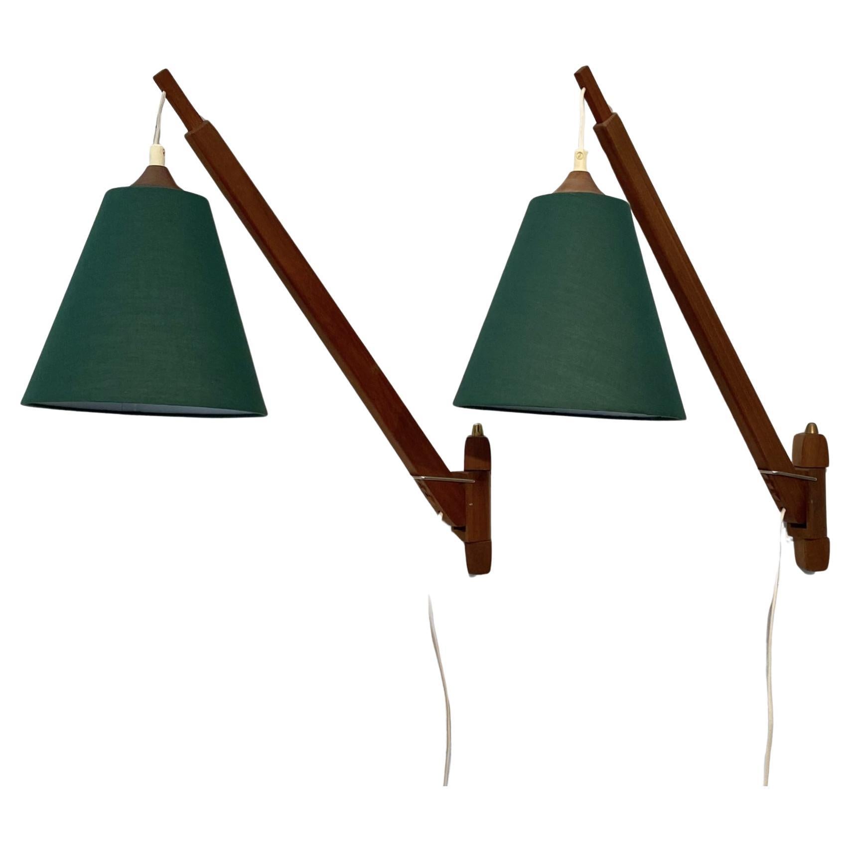 Swedish mid-century telescope wall lamps, teak and brass, 1950s For Sale