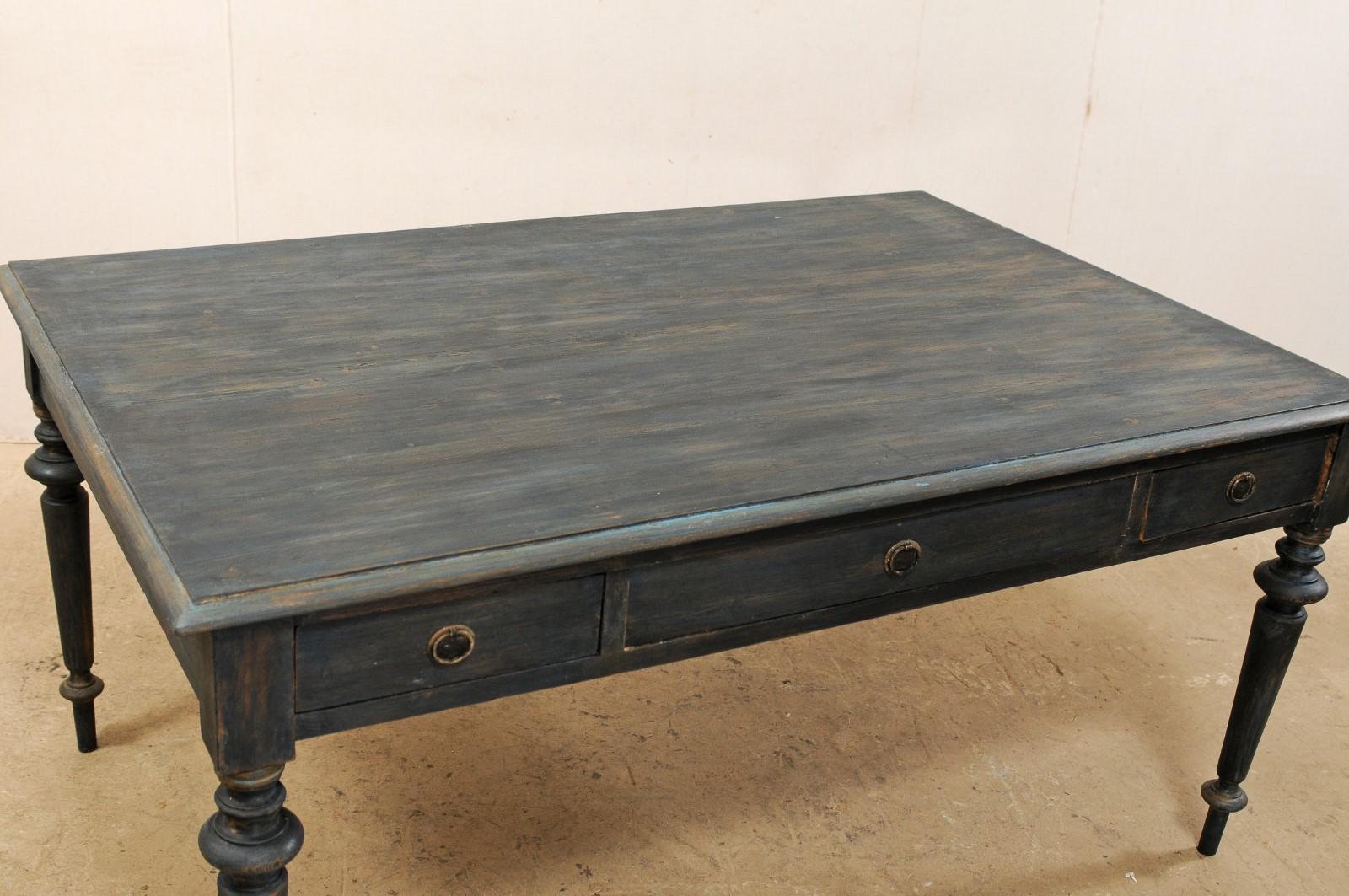 19th Century Swedish Painted Wood Partners Desk with Drawers and Turned Legs