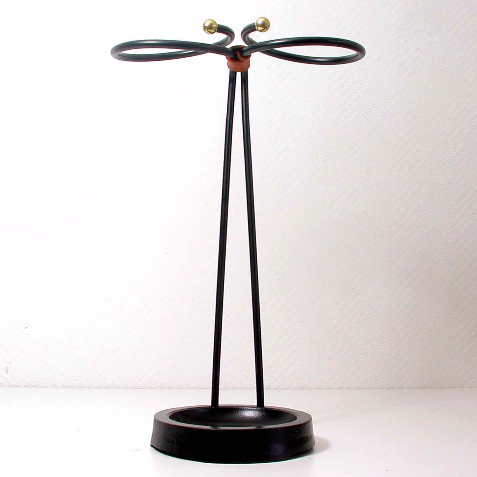 Lacquered Swedish Midcentury Black Metal and Leather Loop Umbrella Stand, 1950s