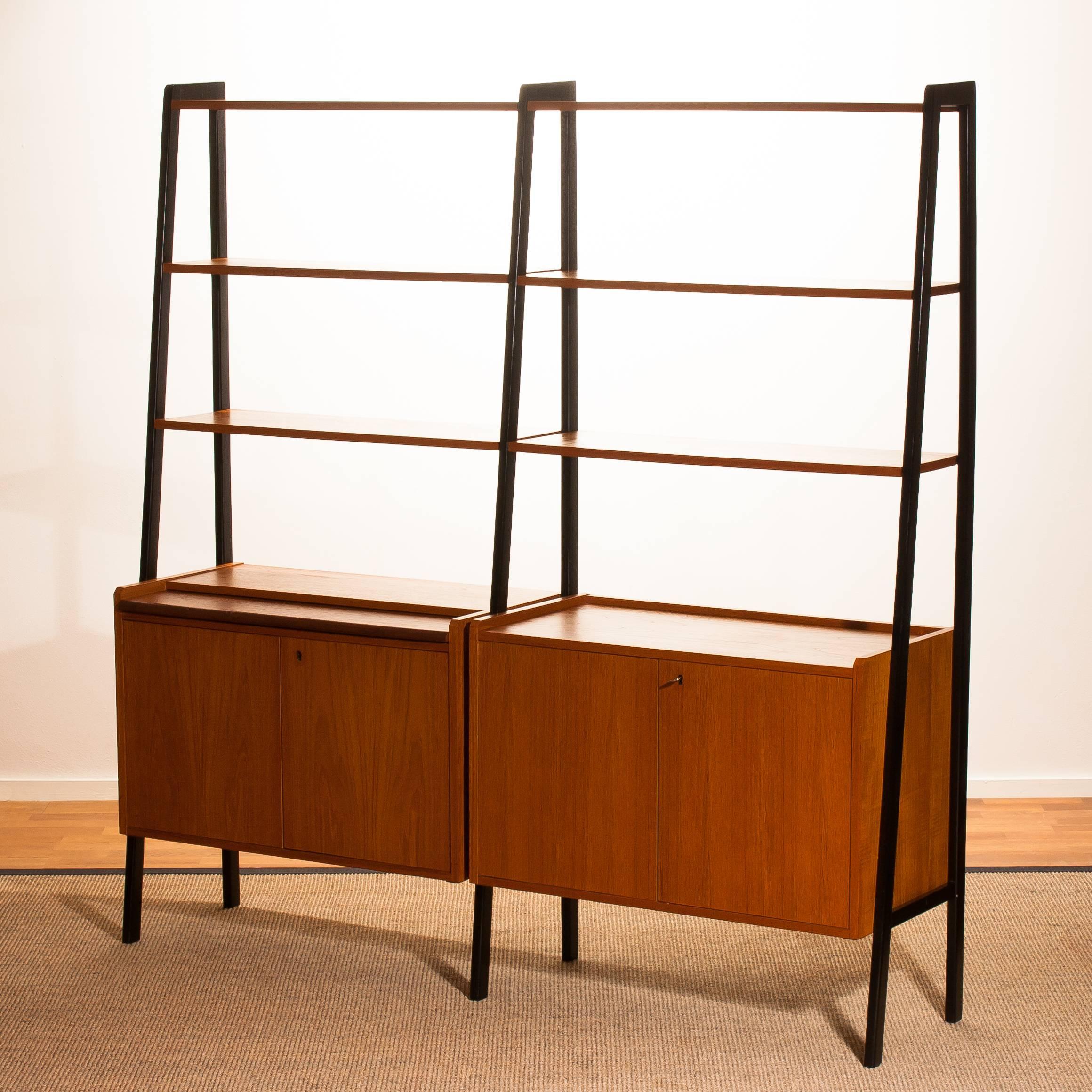 Swedish Midcentury Bookcase / Secretaire in Teak on Slim Black Stands, 1950 1