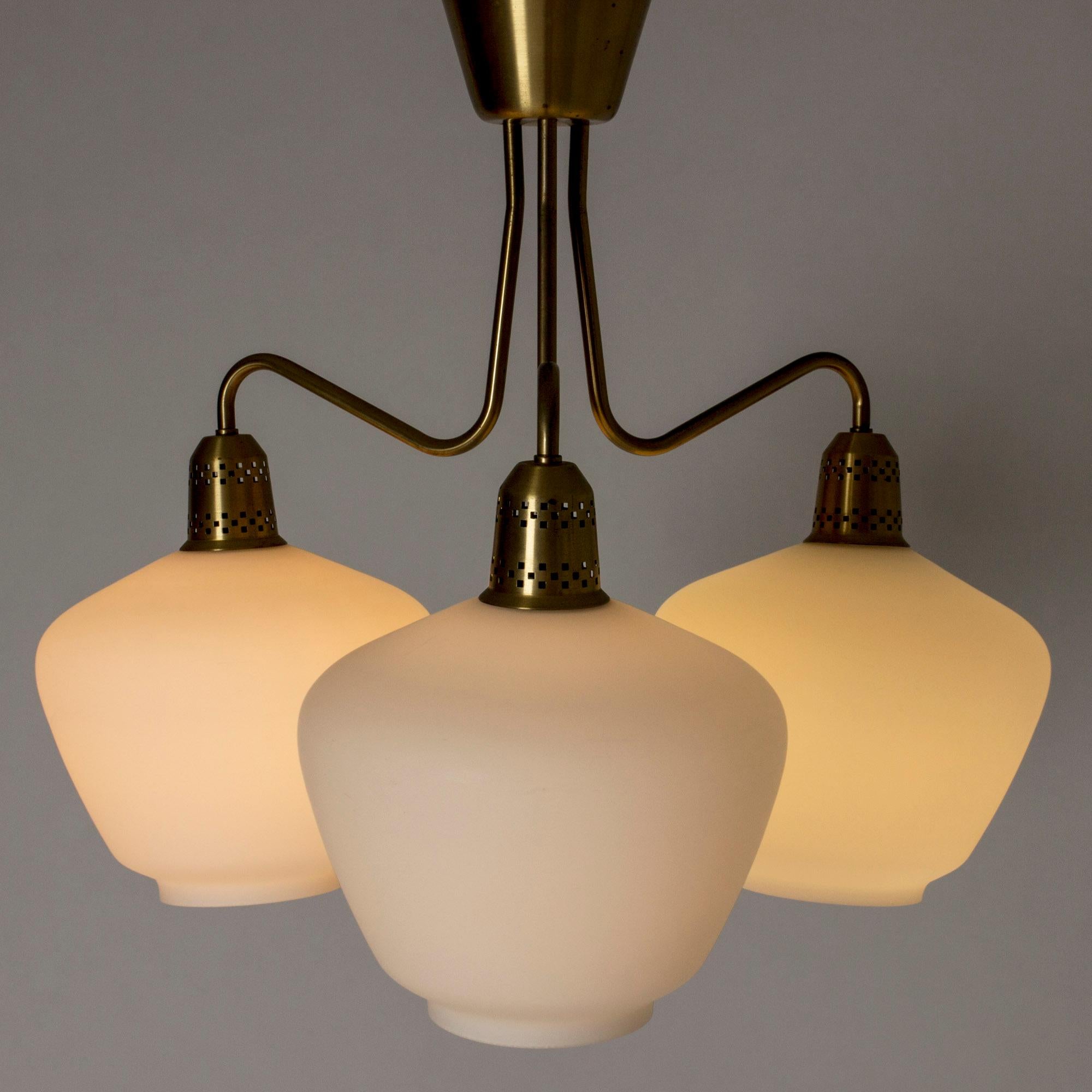 Scandinavian Modern Swedish Midcentury Brass and Glass Chandelier, 1950s