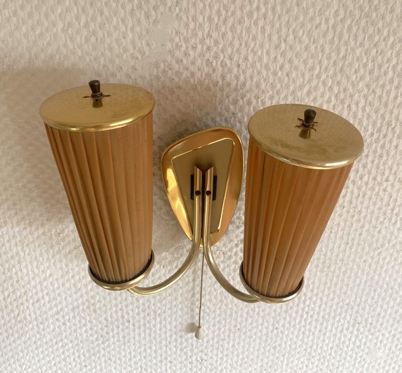 Scandinavian Modern Swedish Midcentury Brass Two-Light Wall Sconce, Pleated Shades, 1940s