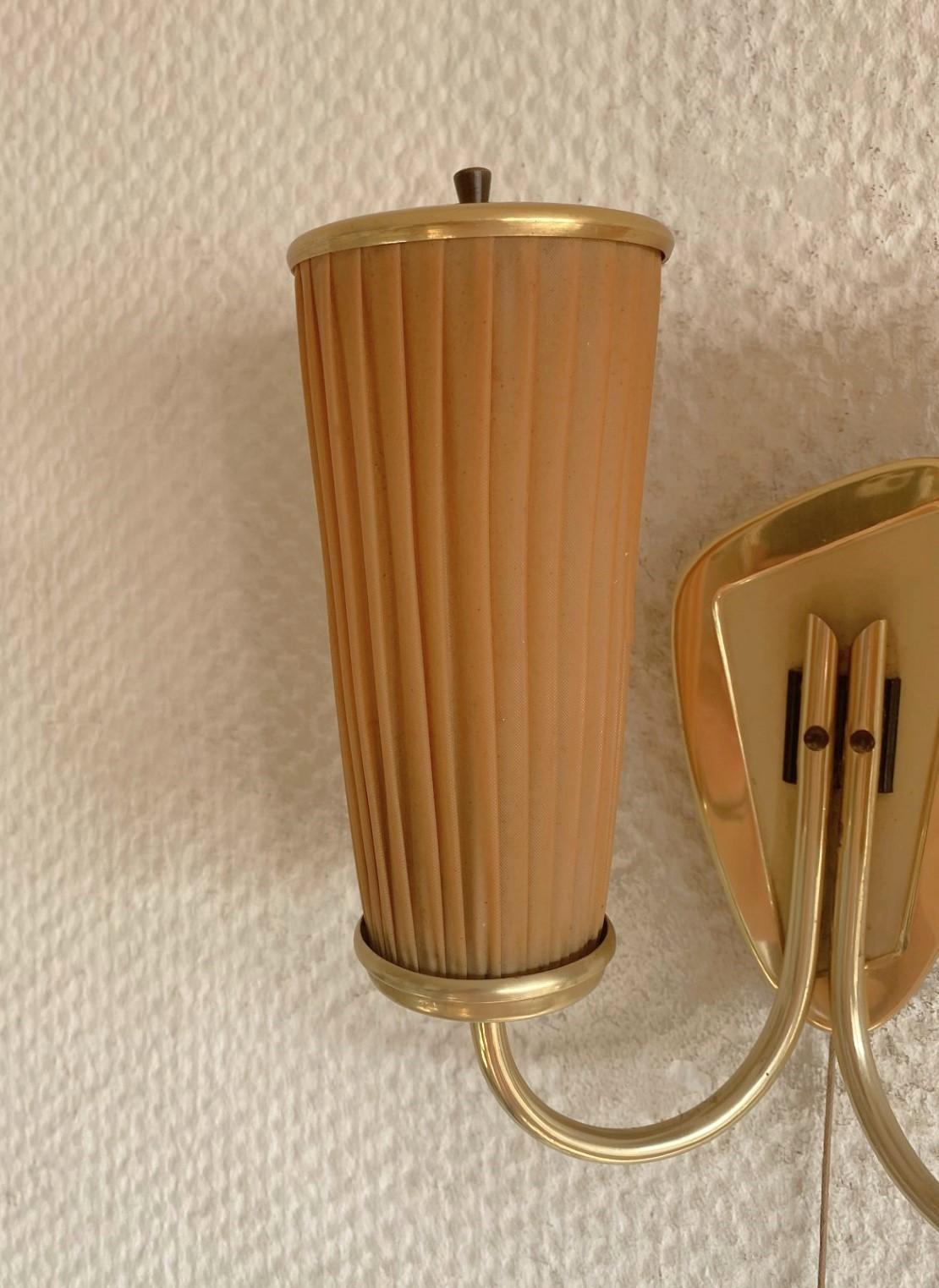 Mid-20th Century Swedish Midcentury Brass Two-Light Wall Sconce, Pleated Shades, 1940s