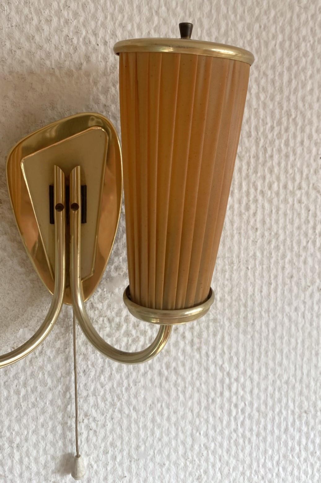 Swedish Midcentury Brass Two-Light Wall Sconce, Pleated Shades, 1940s 1