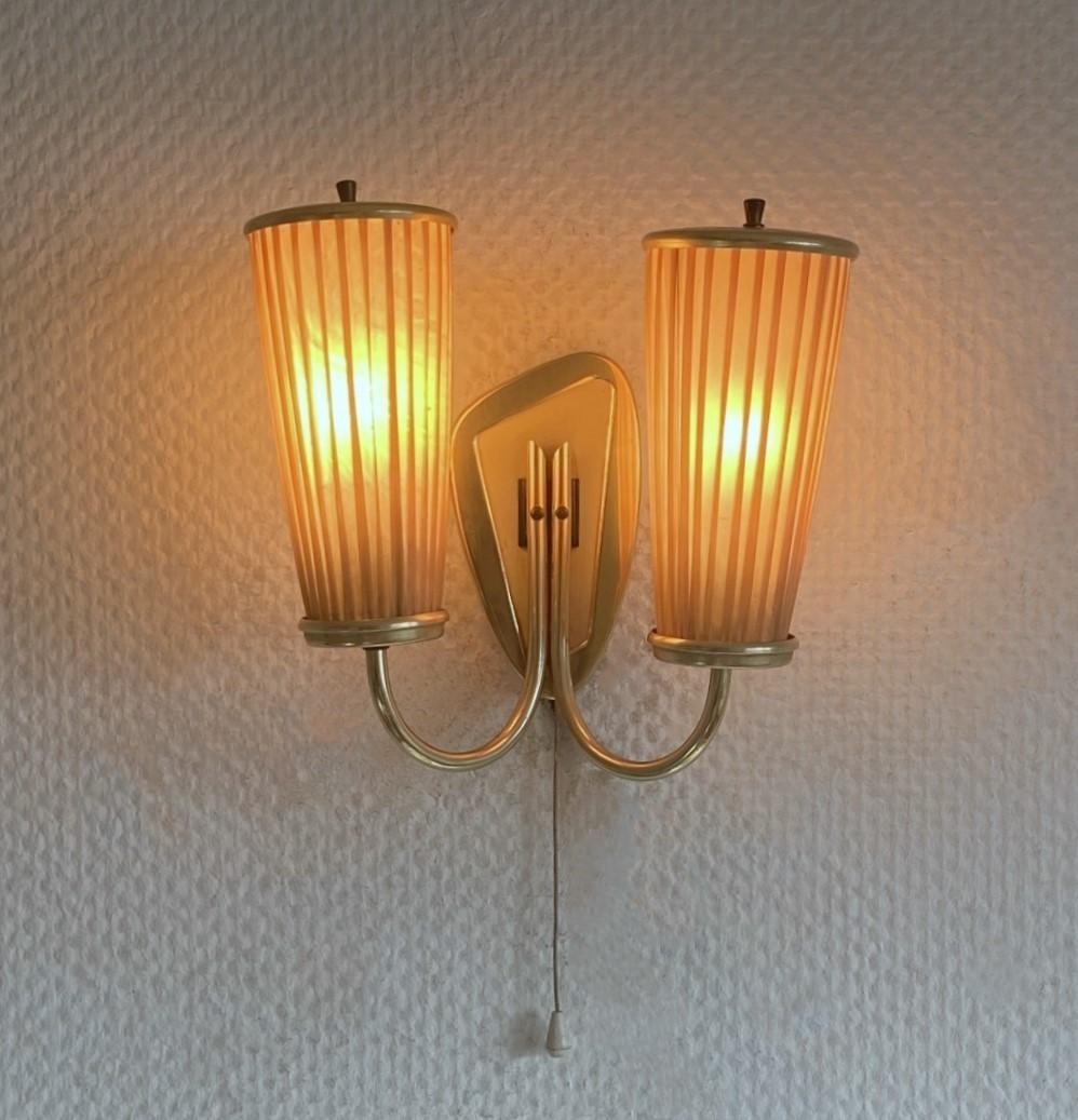Swedish Midcentury Brass Two-Light Wall Sconce, Pleated Shades, 1940s 2