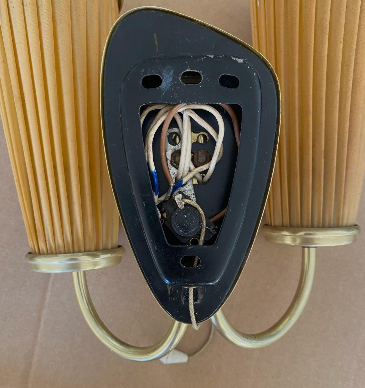Swedish Midcentury Brass Two-Light Wall Sconce, Pleated Shades, 1940s 4