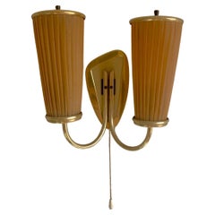 Swedish Midcentury Brass Two-Light Wall Sconce, Pleated Shades, 1940s