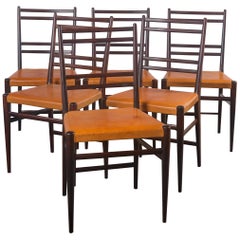 Swedish Midcentury Brown Leather and Wood Dining Chairs, Set of 6