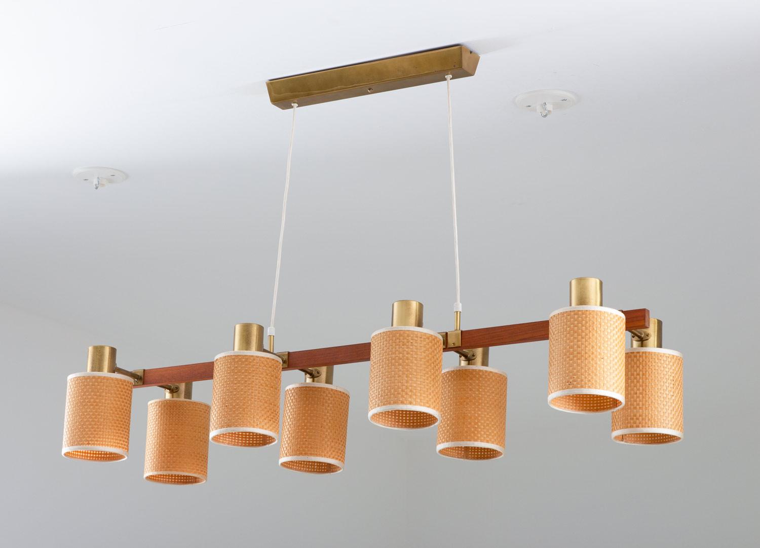 Scandinavian Modern Swedish Midcentury Ceiling Lamp by Hans Bergström in Brass, Teak and Rattan