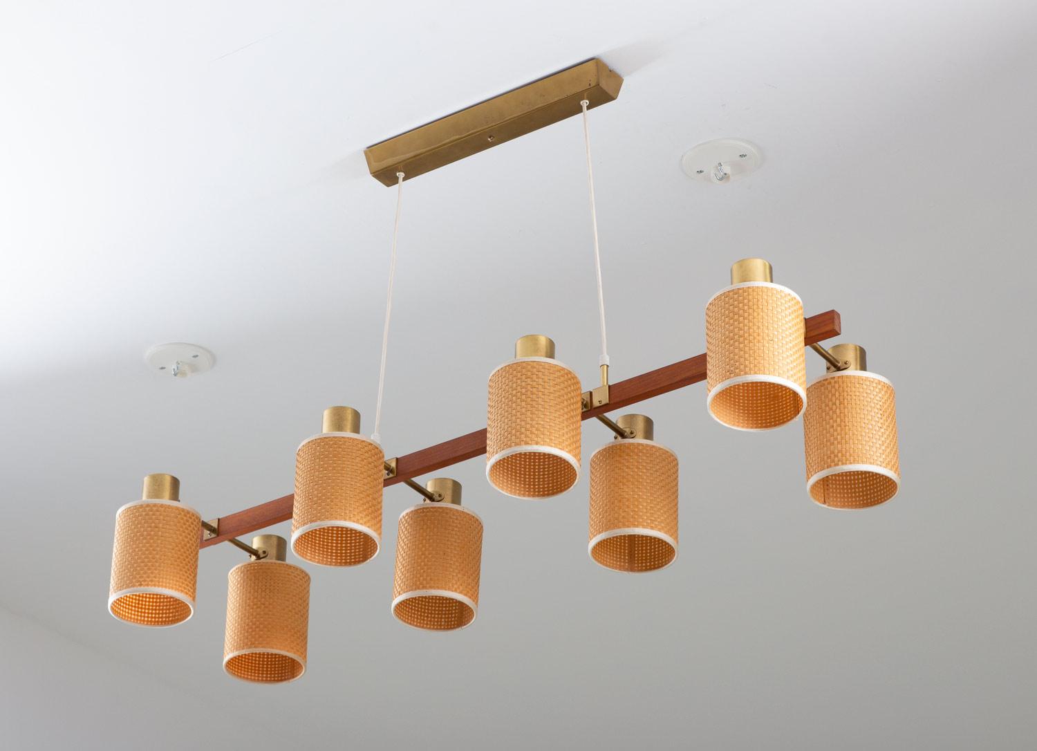 Swedish Midcentury Ceiling Lamp by Hans Bergström in Brass, Teak and Rattan In Good Condition In Karlstad, SE