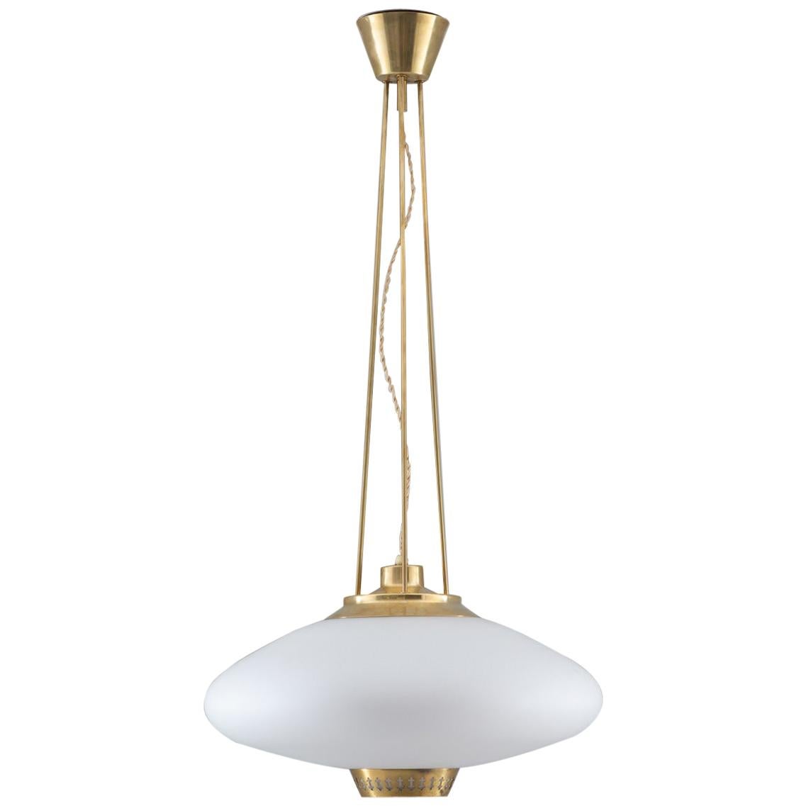 Swedish Midcentury Pendant in Brass and Glass by Hans Bergström for ASEA