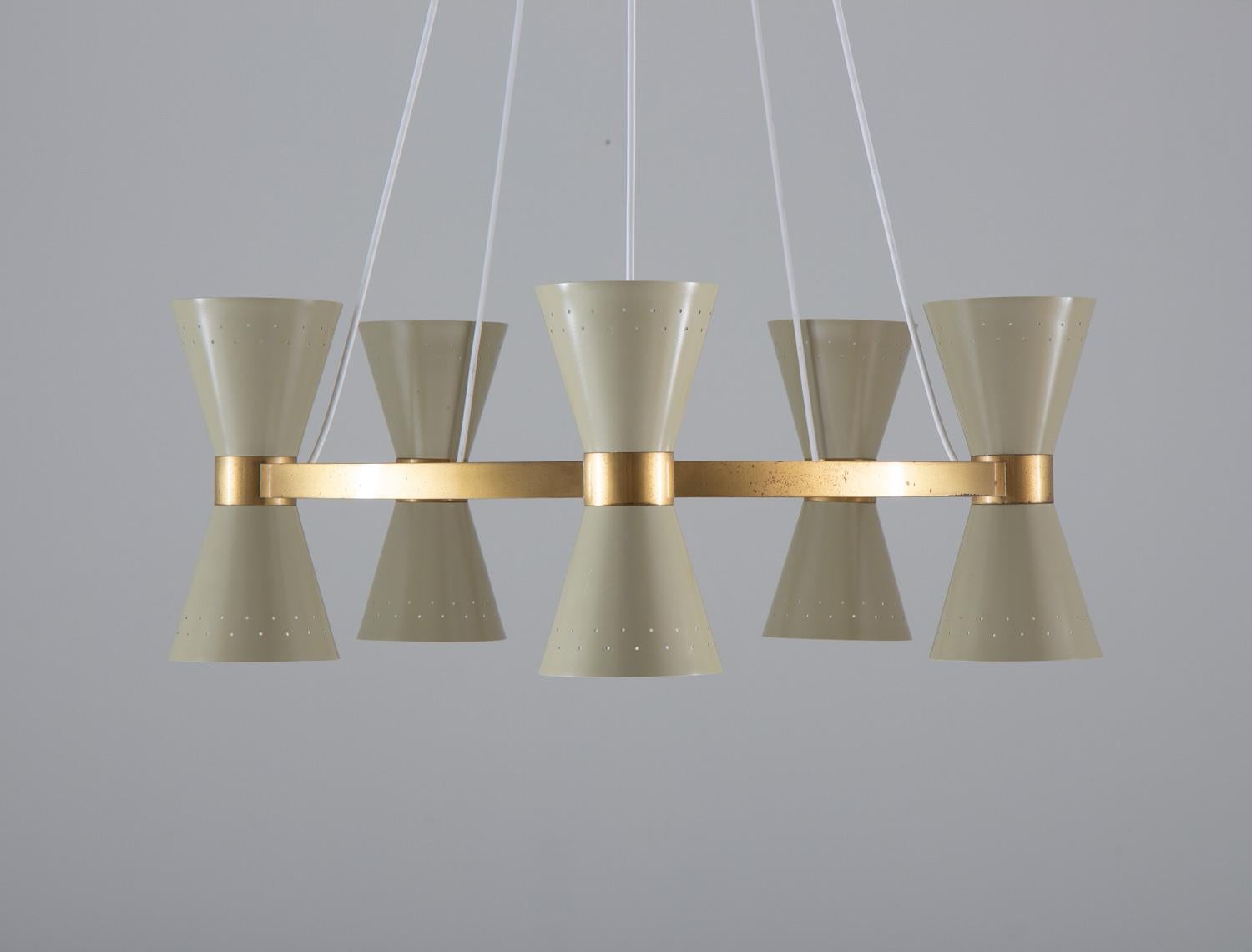 Swedish Midcentury Chandelier in Brass and Metal by Alf Svensson for Bergboms In Good Condition In Karlstad, SE