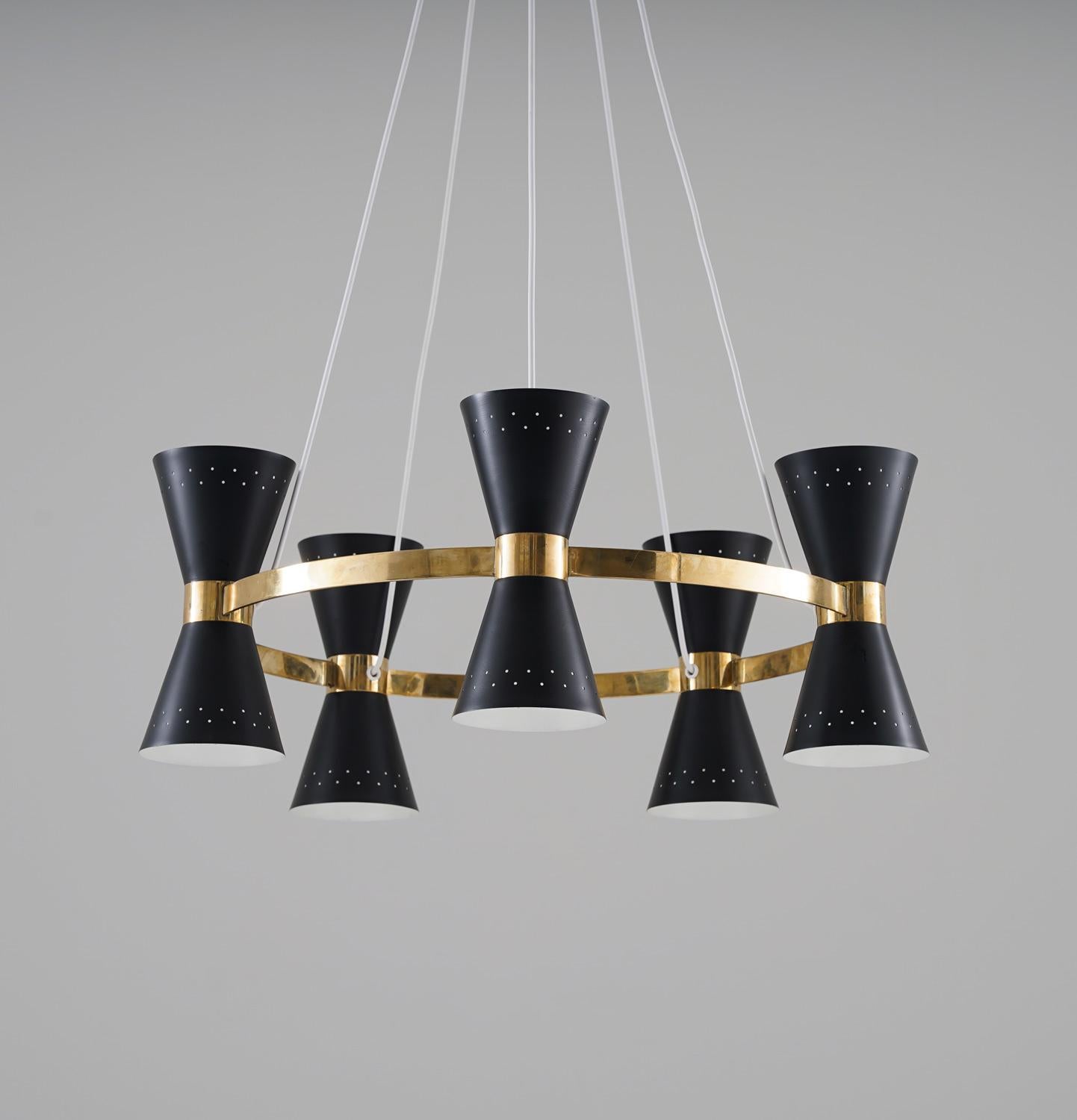 20th Century Swedish Midcentury Chandelier in Brass and Metal by Alf Svensson for Bergboms For Sale