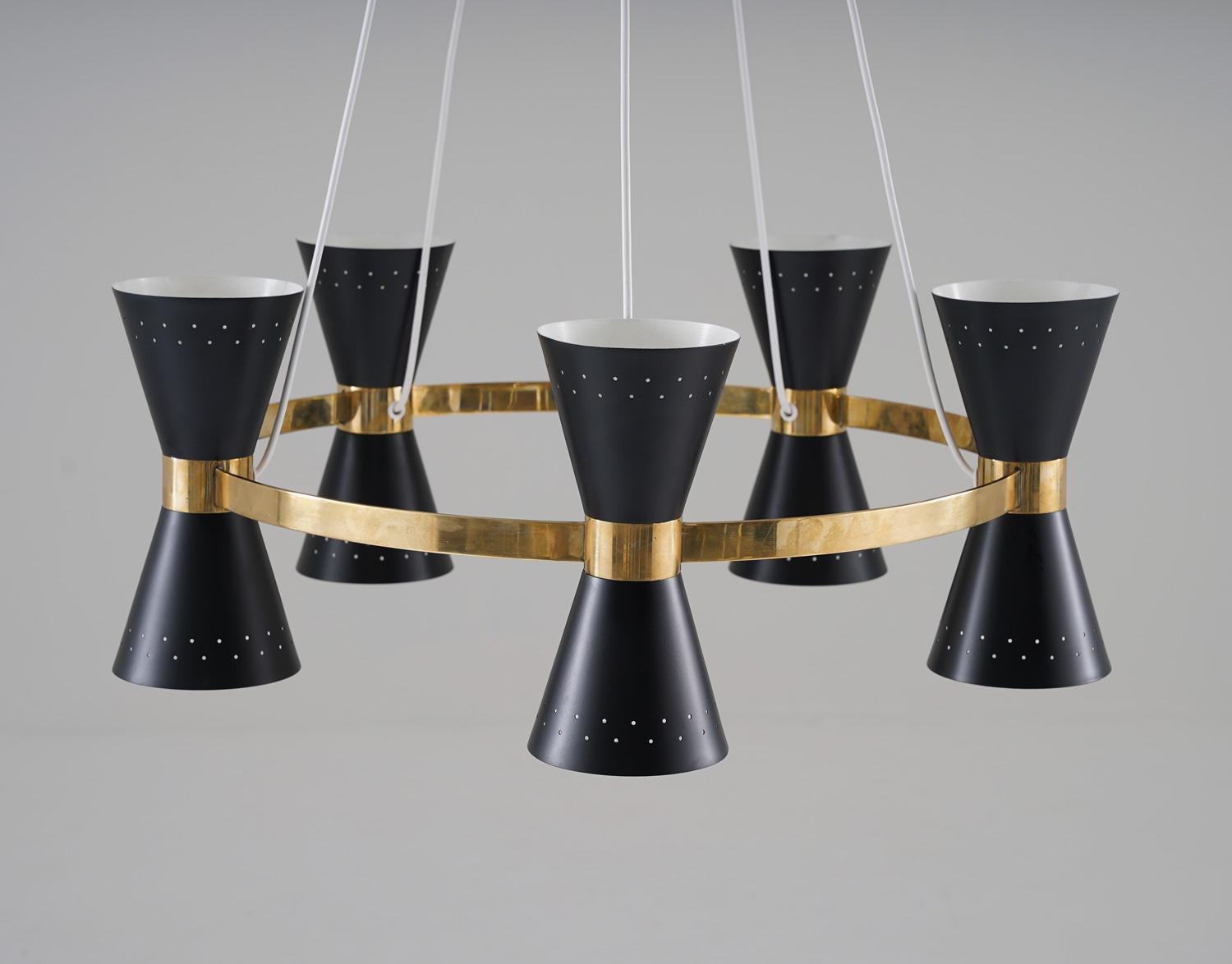 Swedish Midcentury Chandelier in Brass and Metal by Alf Svensson for Bergboms For Sale 1