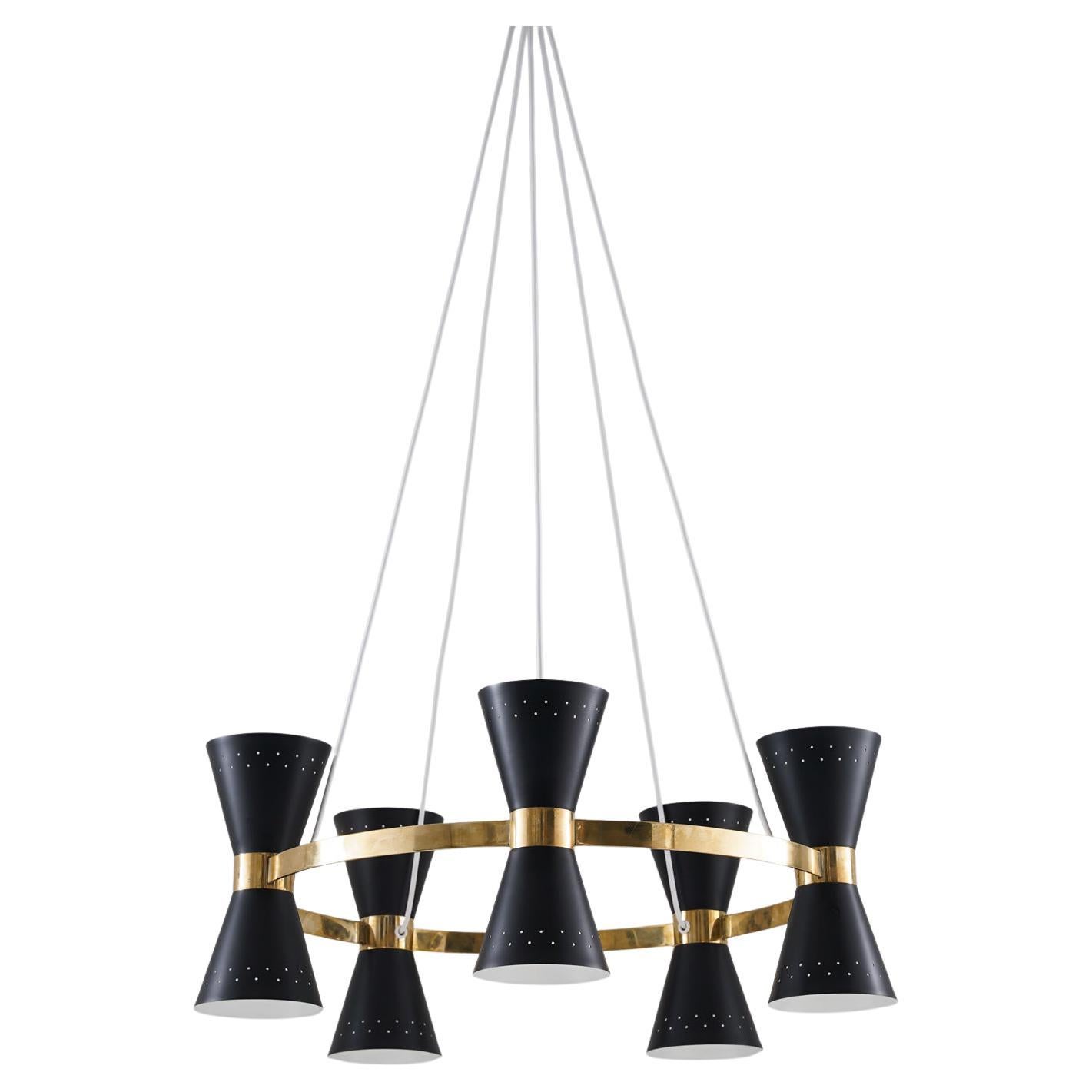 Swedish Midcentury Chandelier in Brass and Metal by Alf Svensson for Bergboms