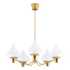 Swedish Midcentury Chandelier in Brass and Opaline Glass by ASEA