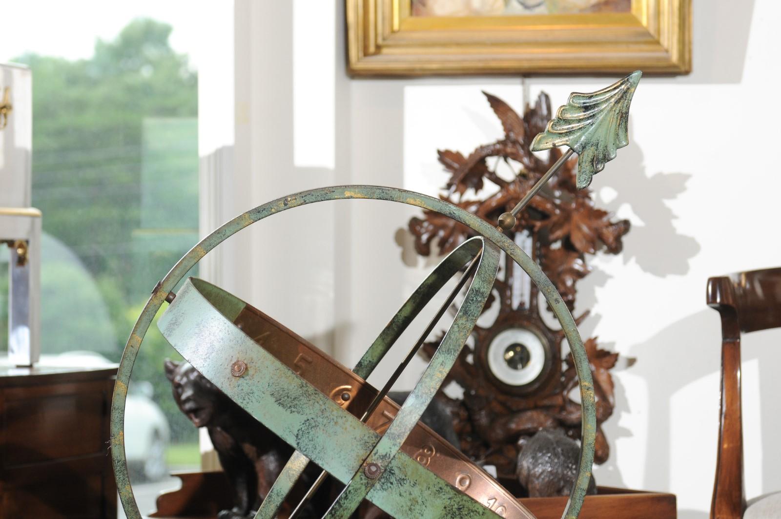 Swedish Midcentury Copper Armillary Depicting Atlas Mounted on Stone Base 4