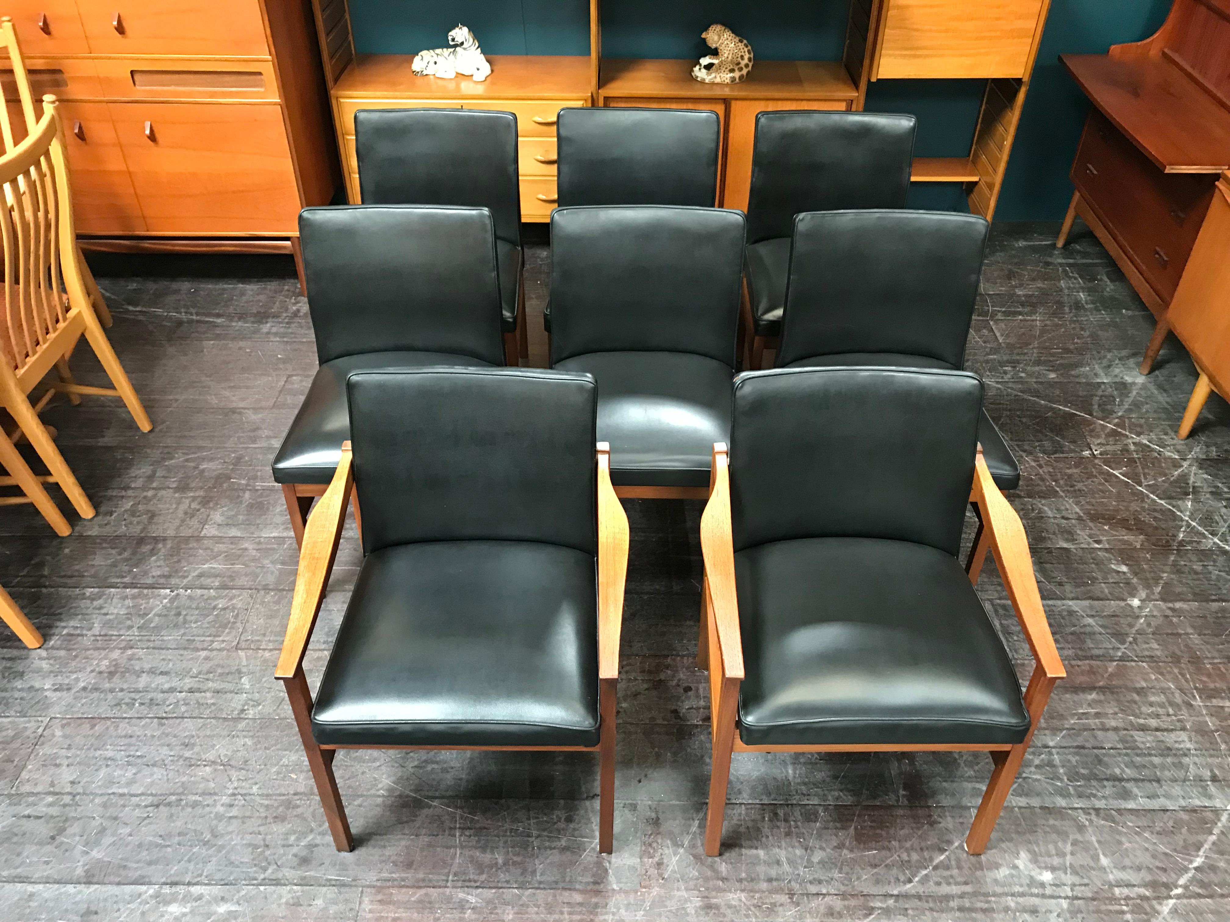 Elegant midcentury Scandinavian dining chairs (including 2 carvers) designed by Nils Jonsson for Swedish maker Troeds. Clean lines are a key attribute of this set and Nils Jonsson has excelled in its design. These are a stunning set of Swedish