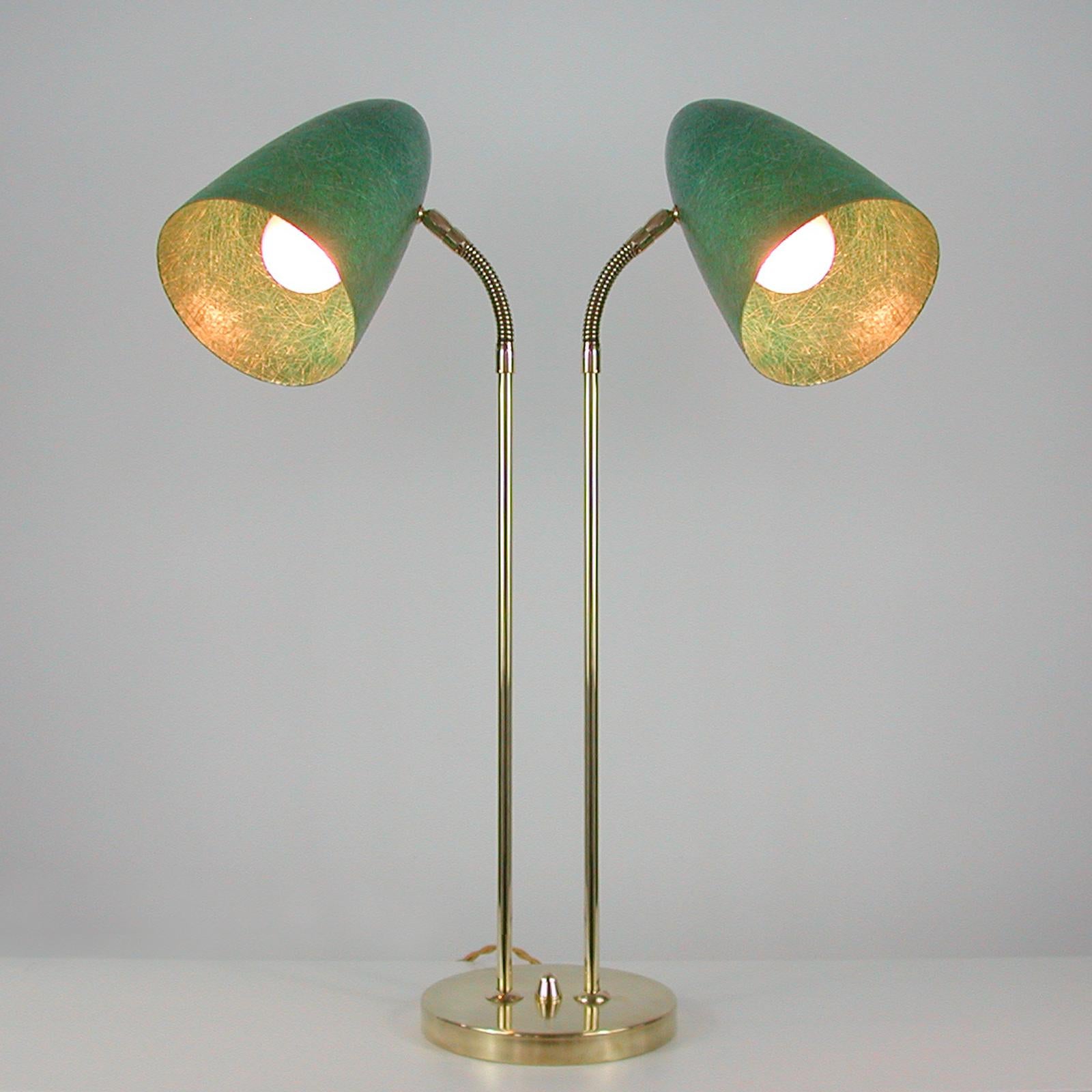 Swedish Midcentury Double Gooseneck Green Fiberglass Desk Lamp, 1950s 8
