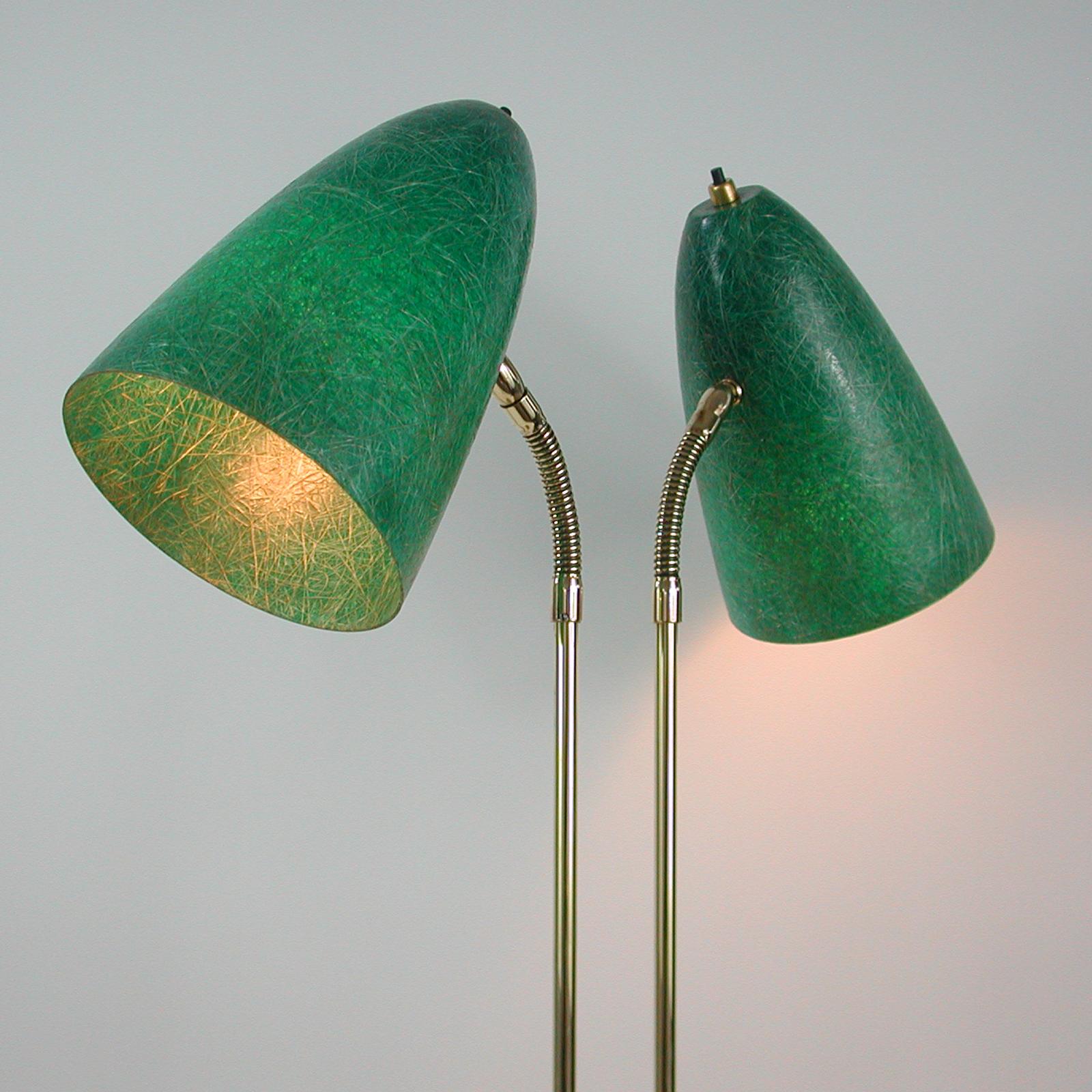 Swedish Midcentury Double Gooseneck Green Fiberglass Desk Lamp, 1950s 10