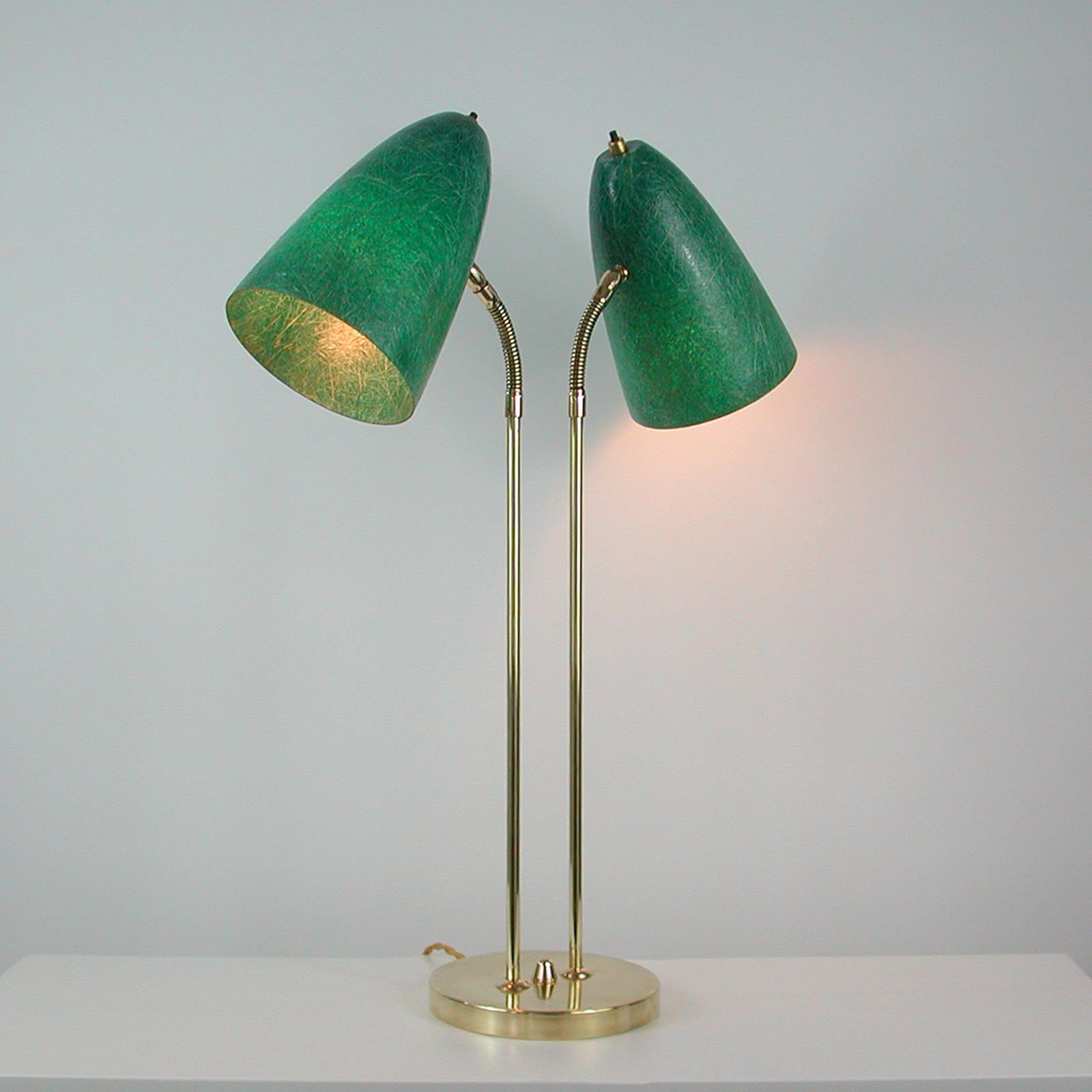 Swedish Midcentury Double Gooseneck Green Fiberglass Desk Lamp, 1950s 11