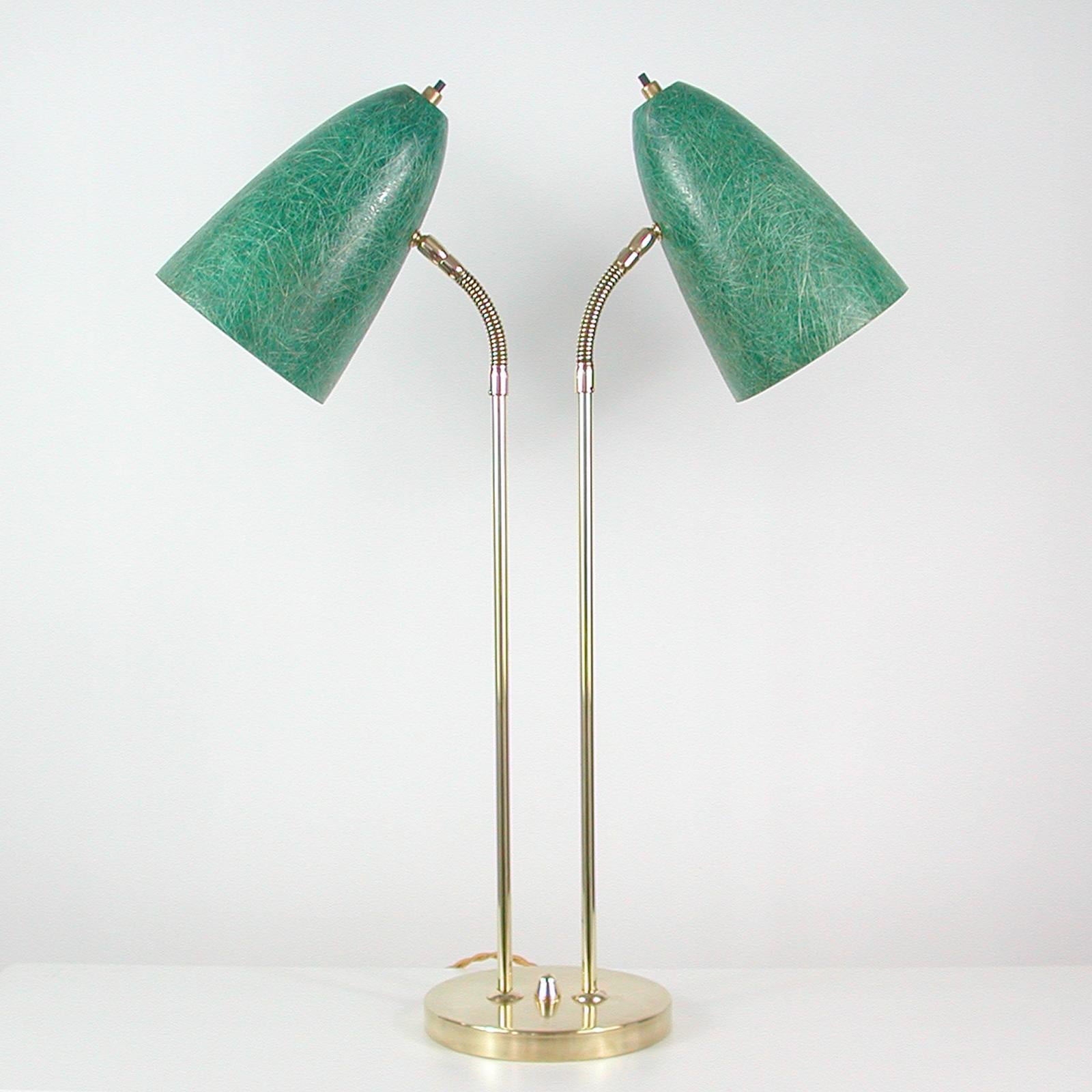 Mid-Century Modern Swedish Midcentury Double Gooseneck Green Fiberglass Desk Lamp, 1950s