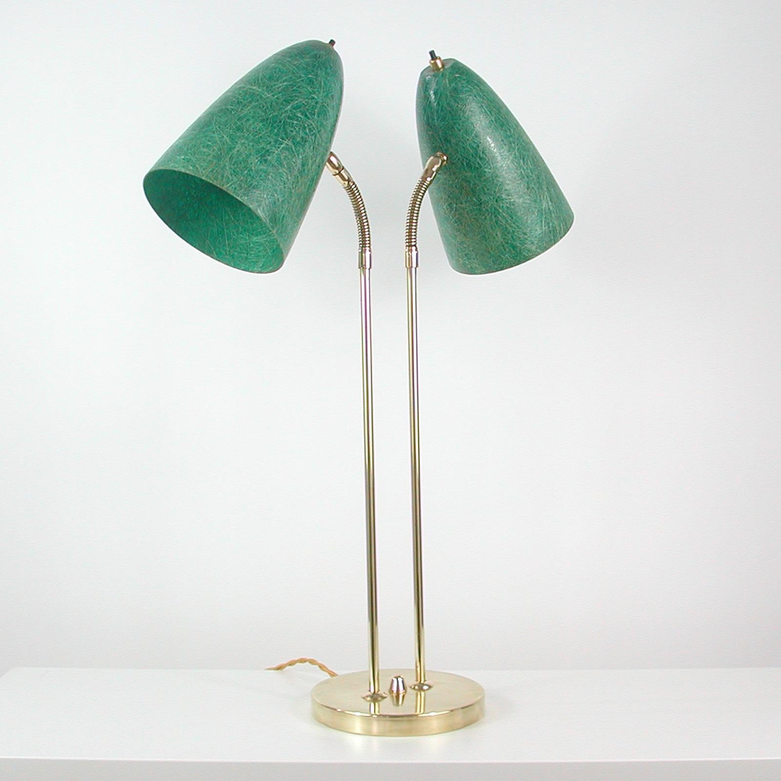 Brass Swedish Midcentury Double Gooseneck Green Fiberglass Desk Lamp, 1950s