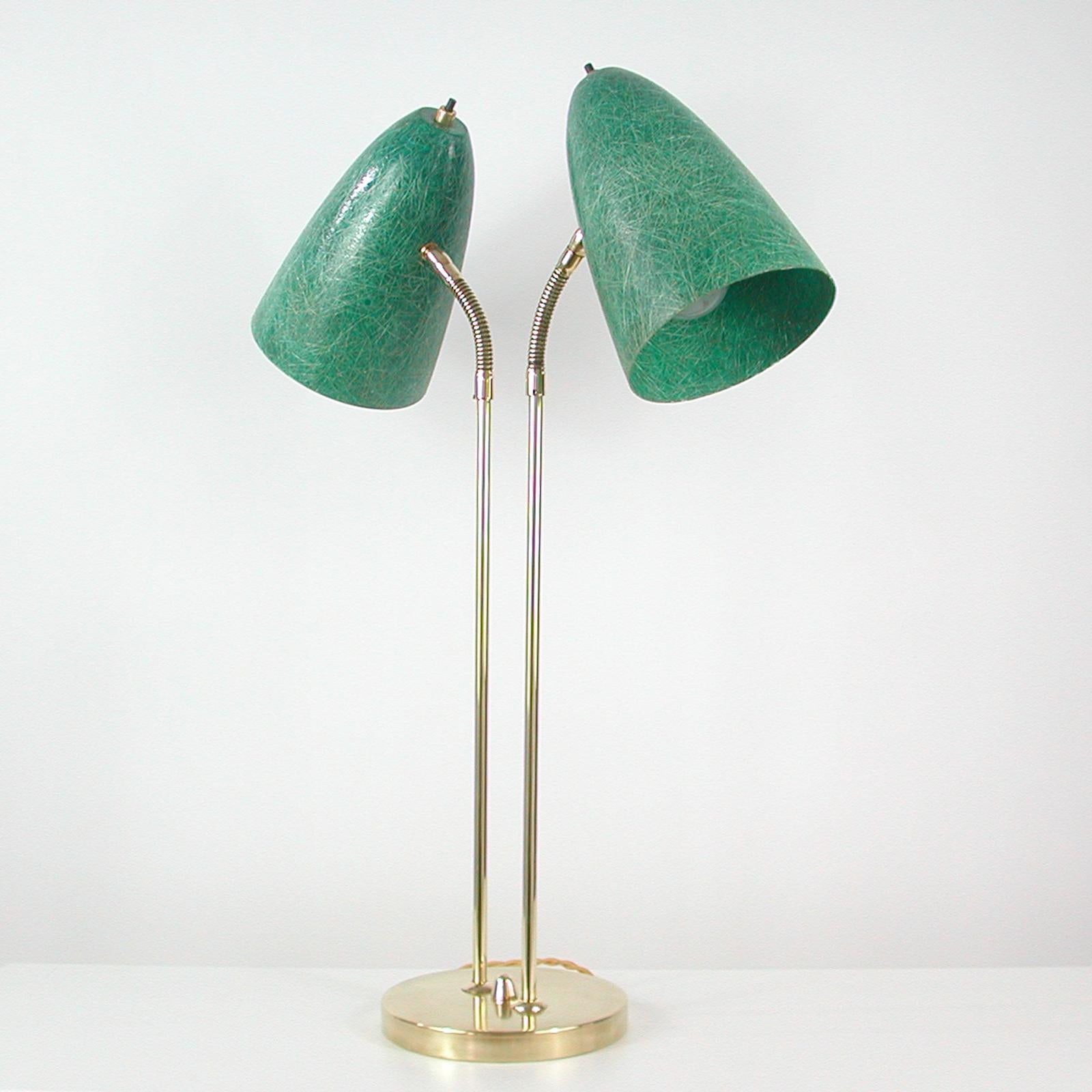 Swedish Midcentury Double Gooseneck Green Fiberglass Desk Lamp, 1950s 1