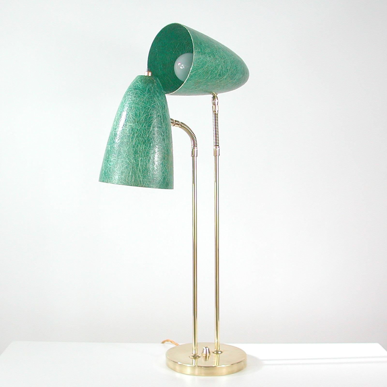 Swedish Midcentury Double Gooseneck Green Fiberglass Desk Lamp, 1950s 2