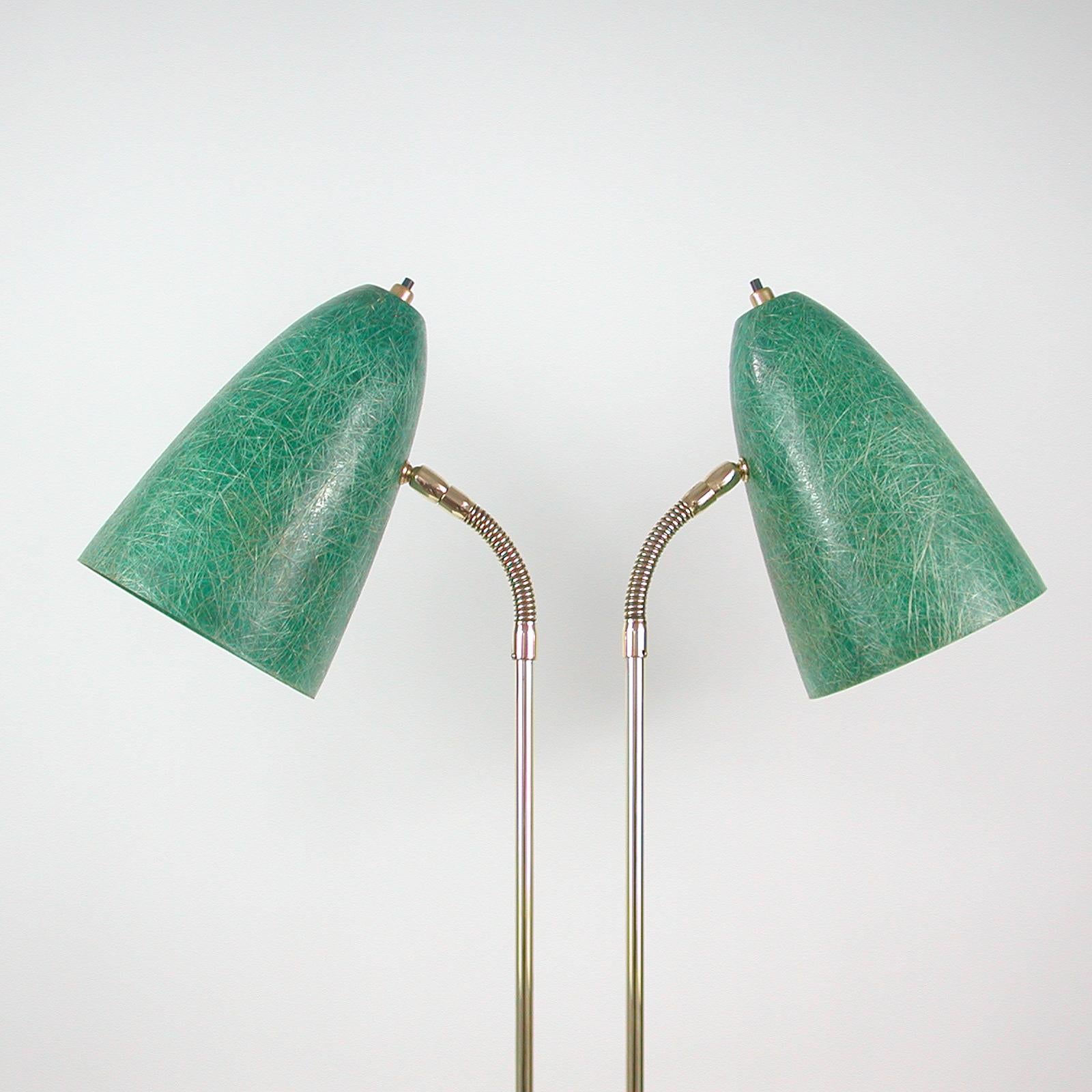 Swedish Midcentury Double Gooseneck Green Fiberglass Desk Lamp, 1950s 3