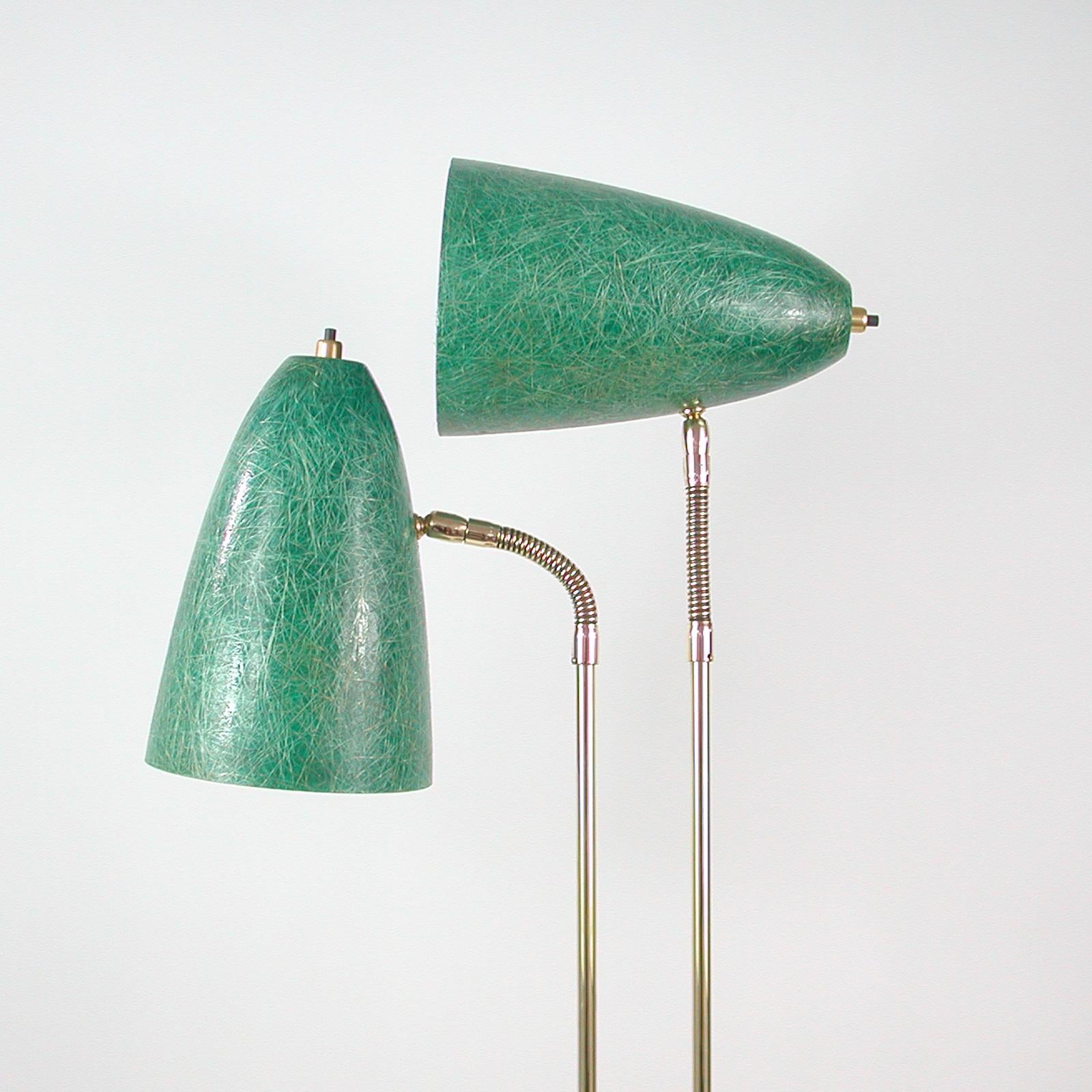 Swedish Midcentury Double Gooseneck Green Fiberglass Desk Lamp, 1950s 4