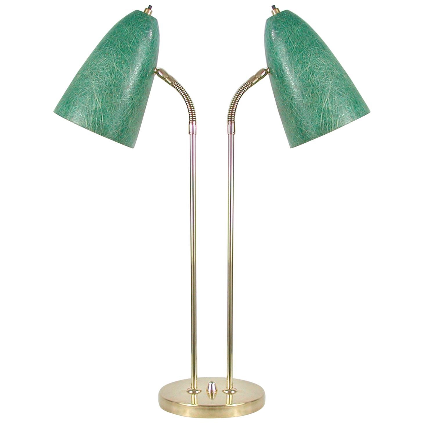 Swedish Midcentury Double Gooseneck Green Fiberglass Desk Lamp, 1950s